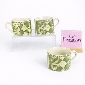 Sango MONTEREY 4897 Stoneware Green Yellow Geometric Coffee Cups Mugs  Set of 3